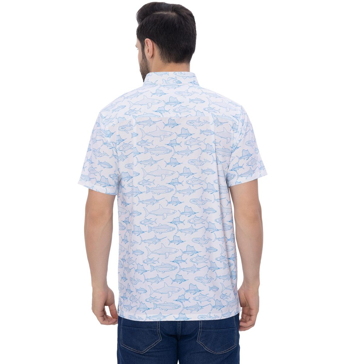 HAPPY BAY Mens Short Sleeve Button Down Casual Beach Shirt XXL Saltwater Fish Blue White - thumbnail 2