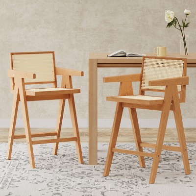 FURNIinspire Counter And Bar Stools Modern Bar Stool, Counter Height Bar Stools, Kitchen Bar Stool Bar Chair with Cane Seat, Brown, 22.5"*20.25"*39.5"