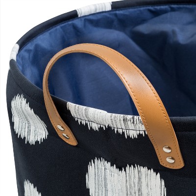 Navy Canvas Polka Dot Laundry Hamper with Faux Leather Handles