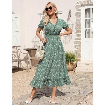 Womens V Neck Short Sleeve Dress Summer Ruffle Casual Floral Long Maxi Dress