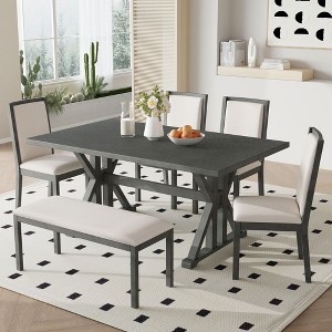 NicBex Dining Table Set for 6 Kitchen Table Wood Dining Table Set with Trestle Legs 4 Upholstered Dining Chairs and Bench for Dining Room - 1 of 4