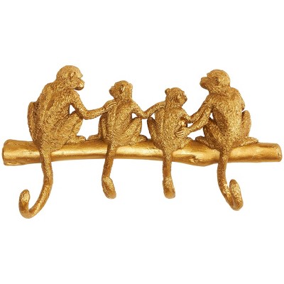 8"x15" Polystone Monkey Textured 4 Hanger Wall Hook Gold - Olivia & May: Satin Finish, Decorative Towel Hook