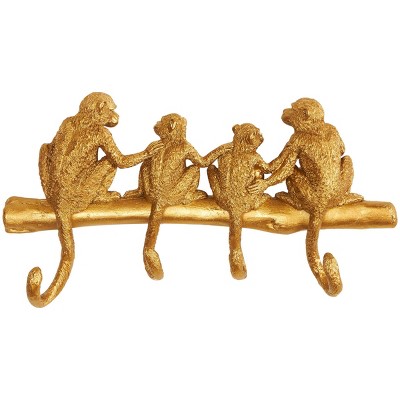 8x15 Polystone Monkey Textured 4 Hanger Wall Hook Gold - Olivia & May