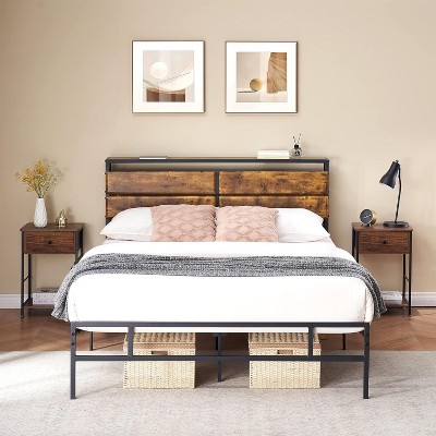 Homhougo Rustic Industrial Full Size Bed Frame with Storage Bedside, Vintage Wood Headboard, Metal Mattress Foundation, Strong Slats Support, Brown
