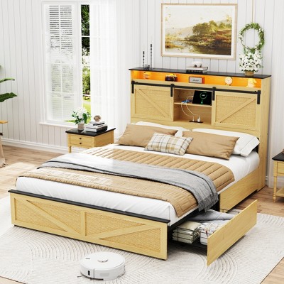 Dolonm Farmhouse Queen/Full size Bed Frame, Platform Bed Frame with Storage Space, Headboard, Drawers,Power Outlet & USB Ports, and LED Lights