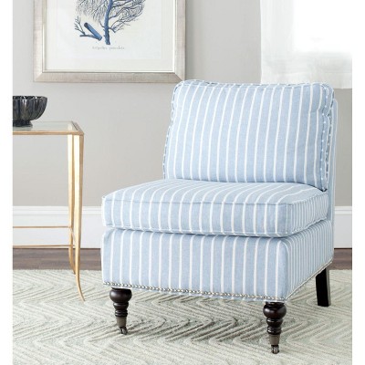 Blue and White Striped Linen Slipper Chair with Wooden Spindle Legs
