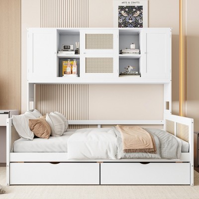 TIRAMISUBEST Full Size Rattan Decor Daybed with 2 Under-Bed Drawers, Storage Bed Frame with All-in-One Cabinet