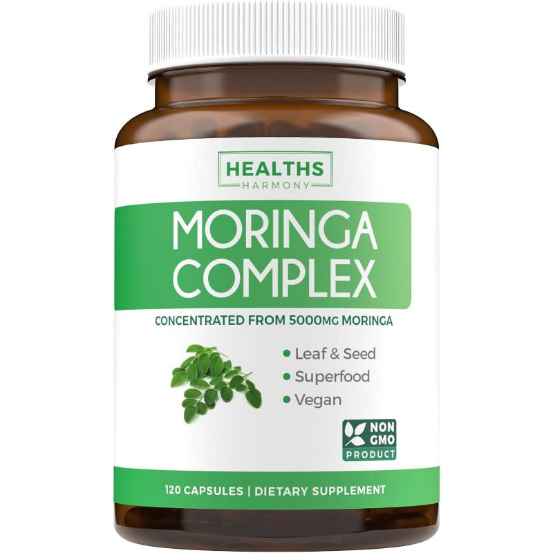 Moringa Capsules High Strength 5,000mg, Whole Herb Powder With 20:1 Seed & 10:1 Leaf Extract, Non-GMO Vegetarian Supplement, Health's Harmony, 120ct, 1 of 4