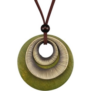Leather and Wood Necklace Chunky Circle Pendant Boho Jewelry for Women - 1 of 4