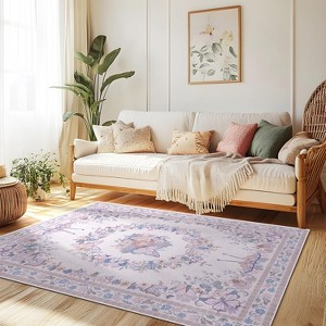 Large Beige Butterfly Floral Area Rug, Ultra-Thin Non-Slip Washable Mat for Living Room & Bedroom - 1 of 4