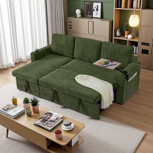 85" Modern L-Shaped Chenille Sectional Sofa Bed with Retractable Table, LED, USB & Cup Holders - 1 of 4