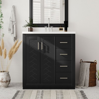 Okak 30" Modern Bathroom Vanity with Ceramic Sink, Gold Handles & Stripes, Bathroom Sink Vanities Storage Cabinet with Open Shelf & 2 Drawers