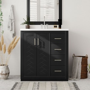 Okak 30" Modern Bathroom Vanity with Ceramic Sink, Gold Handles & Stripes, Bathroom Sink Vanities Storage Cabinet with Open Shelf & 2 Drawers - 1 of 4