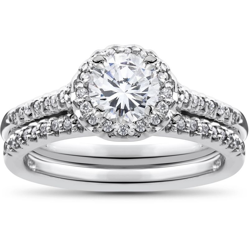 Pompeii3 3/4ct Diamond Halo Wedding Engagement Ring Set 10K White Gold, 1 of 5