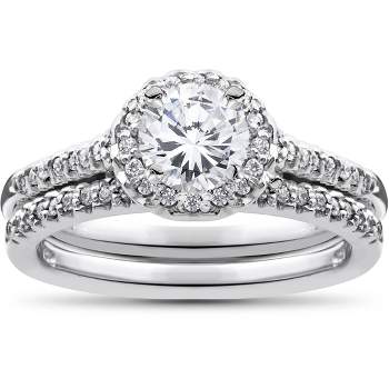 Pompeii3 3/4ct Diamond Halo Wedding Engagement Ring Set 10K White Gold
