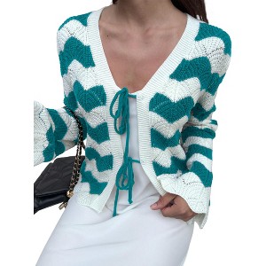 Coolmee Women's Cardigan Chunky Fashion Open Front Striped Color Block Cable Knit Sweater Coats - 1 of 4