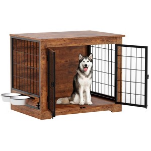 Jojoka 37.2 Inch Dog Crate Furniture, Indoor Dog Kennel with 360¡ã Rotating Feeder and 2 Doors, Wooden Pet Cage for Small Medium Dogs, Brown - 1 of 4