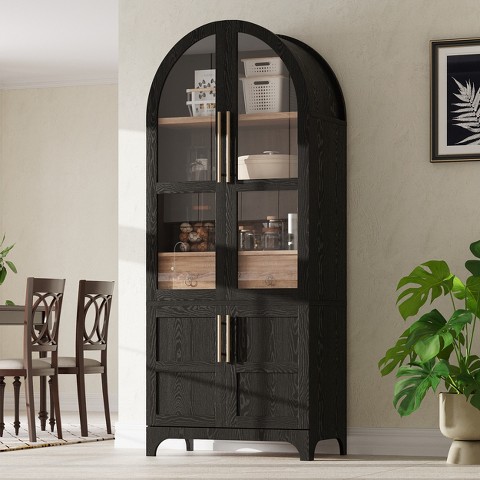 GDFStudio Shane 71" Tall Arched Kitchen Pantry Cabinet with Glass Doors, Adjustable Shelves and Hidden Drawer, Black