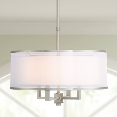Elegant Brushed Nickel 23" Drum Pendant with Silver Organza and White Linen Shade