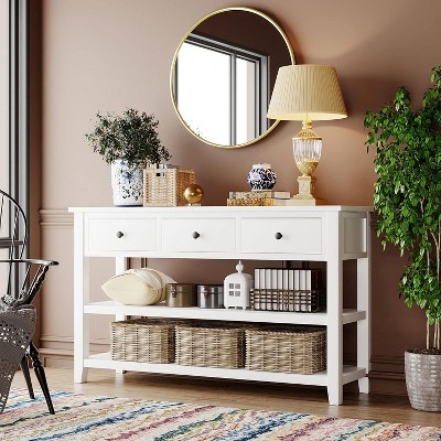 Mid-Century Modern Console Table with 3 Drawers & 2-Tier Shelf - Pine Wood Entryway Table for Living Room, Hallway, Kitchen