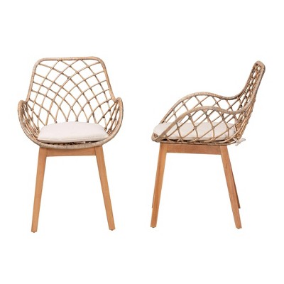 Bohemian Greywashed Rattan and Natural Brown Dining Chair Set with Cushions