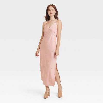 Long Sleeve Pastel Pink Dress, Pink Slip Dress, Silk Midi Dress