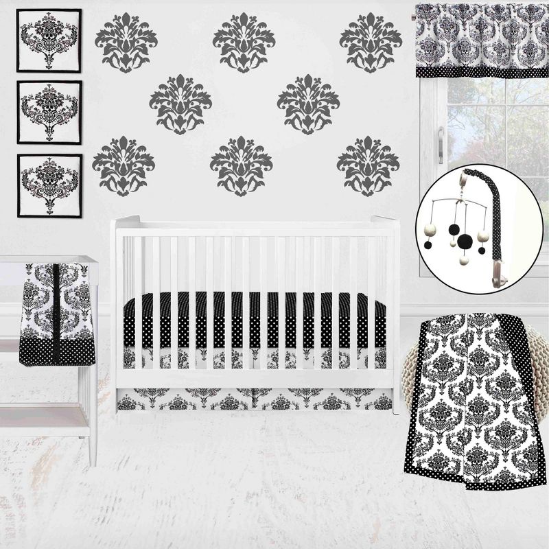 Bacati - Classic Damask Black/Grey/White 10 pc Crib Bedding Set with 2 Crib Fitted Sheets, 1 of 12