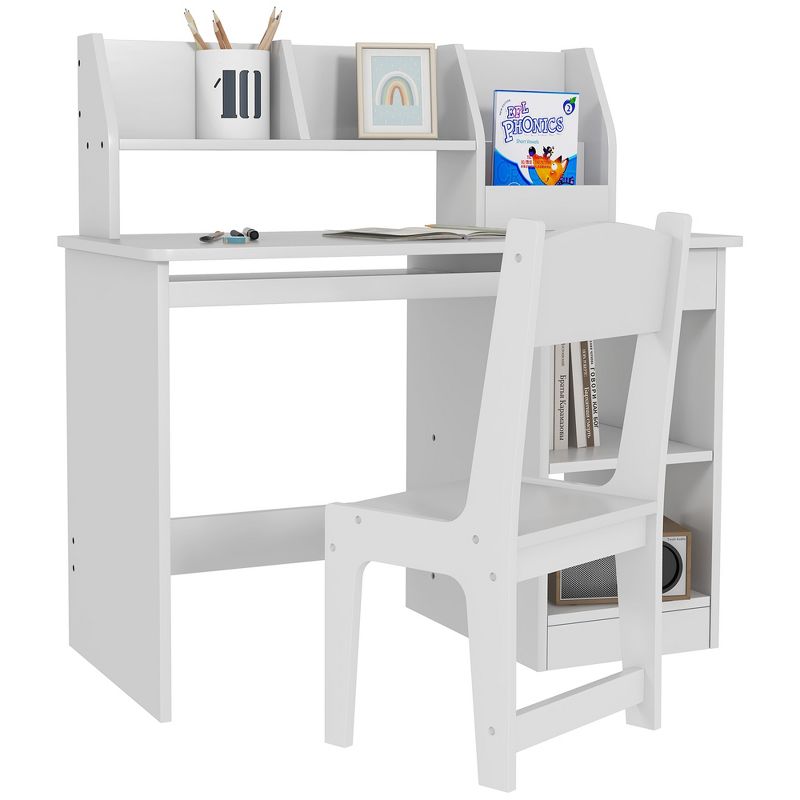 Qaba Kids Desk and Chair Set with Storage, Study Desk with Chair for Children 5-8 Years Old, White, 1 of 7