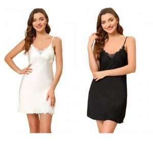 INSPIRE CHIC Women's 2 Pcs Satin Pajama Dress V-Neck Lace Cami Chemise Mini Satin Nightgown - 1 of 4