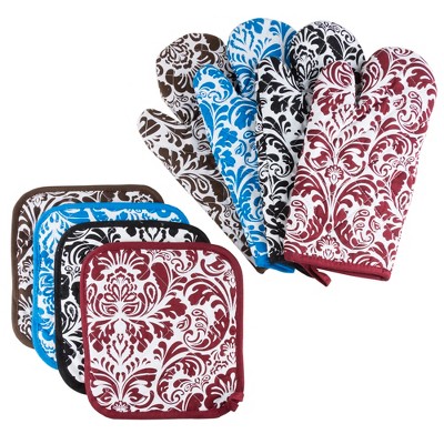 Burgundy and White Cotton Quilted Oven Mitt and Pot Holder Set