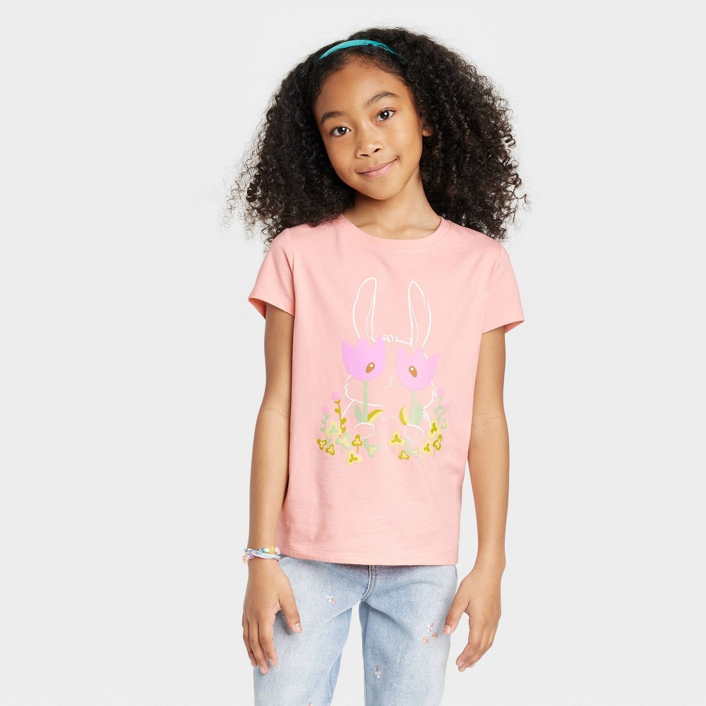 Girls' Bunny Short Sleeve Graphic T-Shirt - Cat & Jack Blush Pink L (2 Shirts)