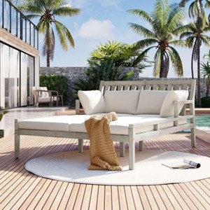 Acacia Wood Outdoor Daybed with Removable Cushions and Pillows, Ergonomic Frame for Patio, Garden or Poolside Relaxation - Coolbibila - 1 of 4