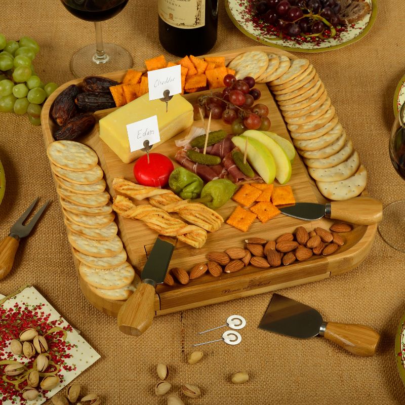 Picnic at Ascot - Bamboo Cheese Board with Cracker Groove & Integrated Drawer w/Cheese Serving Set & Markers, 4 of 5