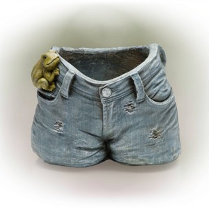 11" Wide Planter Rugged Jeans Flower with Pocket Frog Design - Alpine Corporation: Durable Concrete, No Assembly Required - 1 of 4