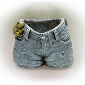 11" Wide Planter Rugged Jeans Flower with Pocket Frog Design - Alpine Corporation