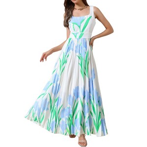 INSPIRE CHIC Women's Pleated Square Neck Sleeveless High Waist Casual Floral Flare A-Line Maxi Dress - 1 of 4
