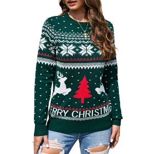 Womens Christmas Sweaters Pullover Reindeer Ugly Christmas Sweater Long Sleeve Crew Neck with Snowflakes Pattern Jacquard Knit Sweater - 1 of 4
