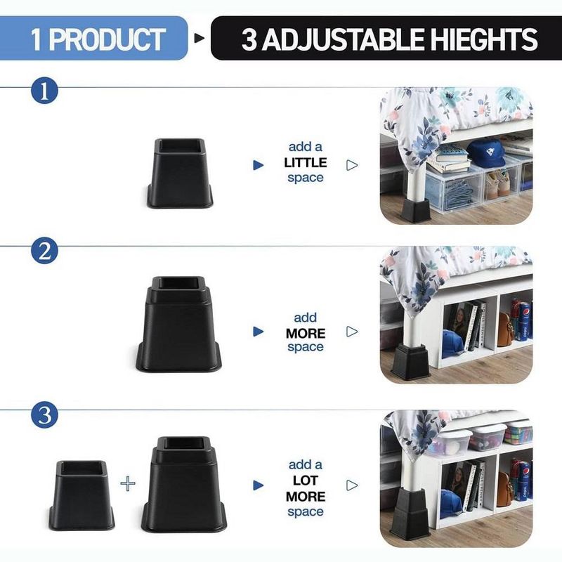 Adjustable Bed Risers - Heavy Duty Furniture Riser Set of 4 in Heights of 8, 5, or 3 Inches for Table risers, Bed Frame Risers in Black – Homeitusa, 3 of 9