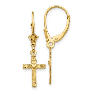 Black Bow Jewelry 13mm Textured Cross with Heart Lever Back Earrings in 14k Yellow Gold - 1 of 4