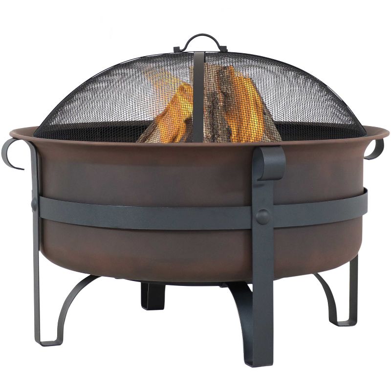 Sunnydaze Outdoor Camping or Backyard Large Round Cauldron Fire Pit Bowl with Log Poker and Spark Screen - 29", 1 of 11