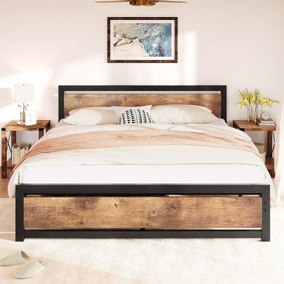 Full Size Bed Frame Platform with Headboard, Industrial 14 inch Full Bedframe No Box Spring Needed,Retro Brown
