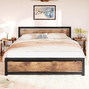 Full Size Bed Frame Platform with Headboard, Industrial 14 inch Full Bedframe No Box Spring Needed,Retro Brown - 1 of 4
