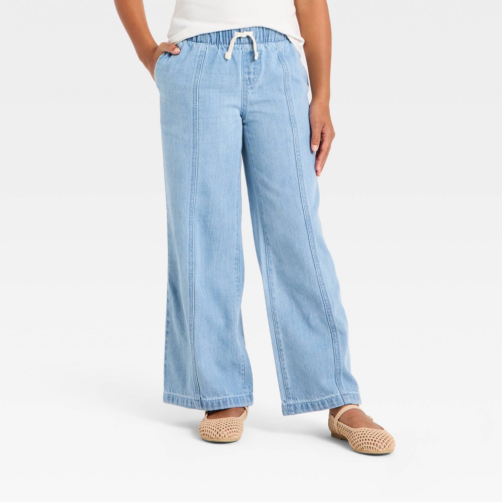 Girls' Mid-Rise Pull-On Wide-Leg Jeans - Cat & Jack™ Light Wash 5