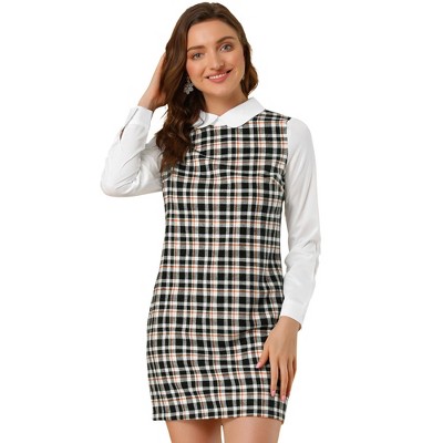 Allegra K Plaid Dress for Women's Contrast Collar 3/4 Sleeve