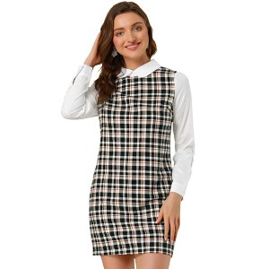 Allegra K Women's Contrast Peter Pan Collar Long Sleeve Above Knee Shift Plaid Dress - 1 of 4