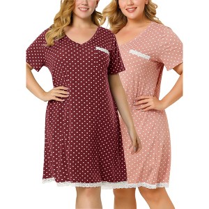 Agnes Orinda Women's Plus Size V Neck Short Sleeve Polka Dots Nightgowns - 1 of 4