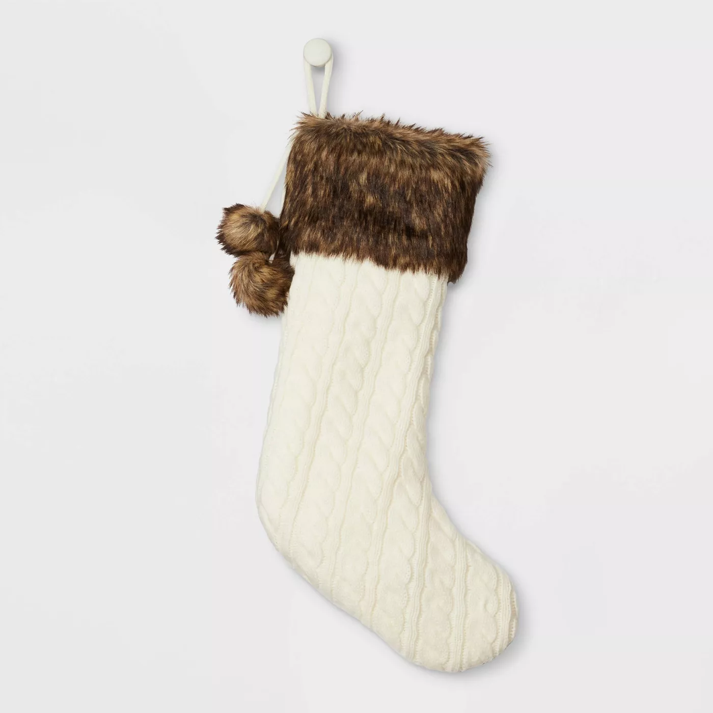Cable Knit Christmas Stocking with Faux Fur Cuff & Pom Poms Cream - Wondershop