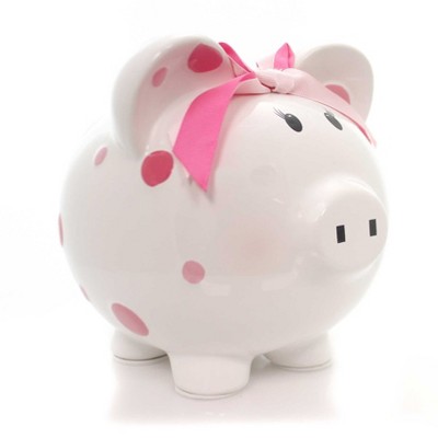 Bank 7.75" Pink Multi Dot Bank Bow Save Money Girl  -  Decorative Banks