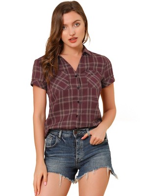 INSPIRE CHIC Women's Classic Short Sleeve Button Down Plaid Shirt