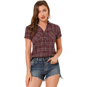 INSPIRE CHIC Women's Classic Short Sleeve Button Down Plaid Shirt - 1 of 4